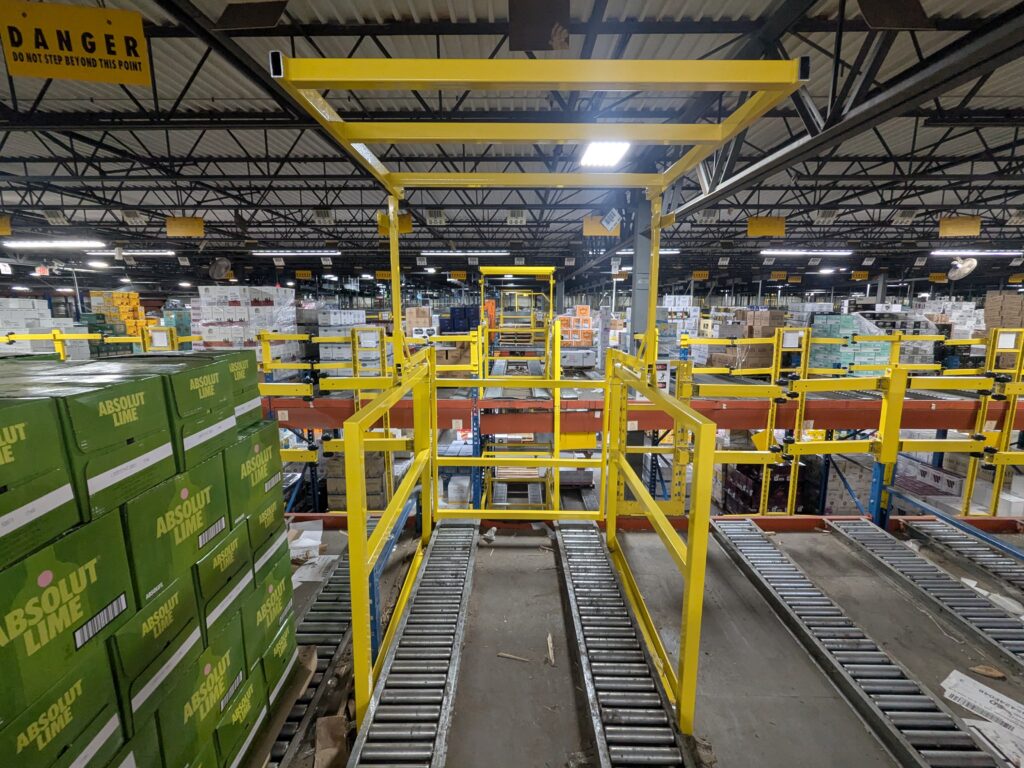 mezzanine pivot gate inside warehouse
