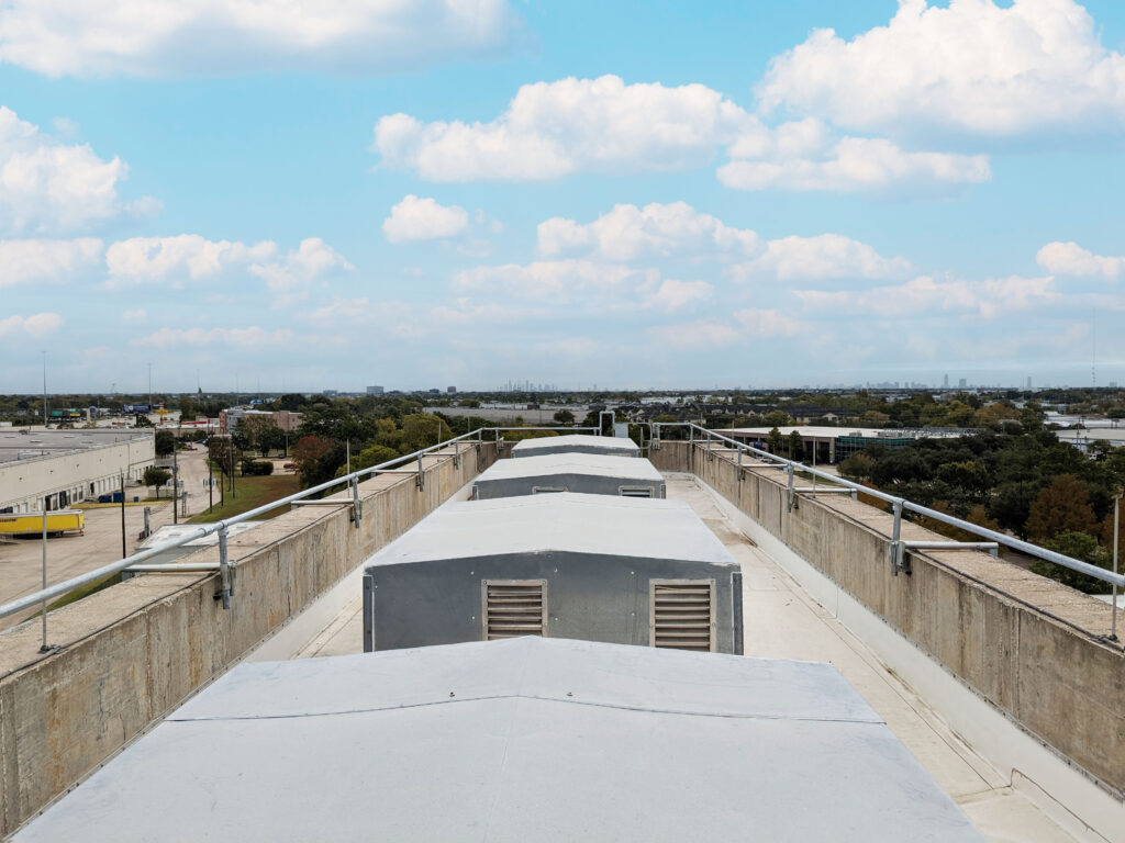 rooftop with parapet wall clamps in use