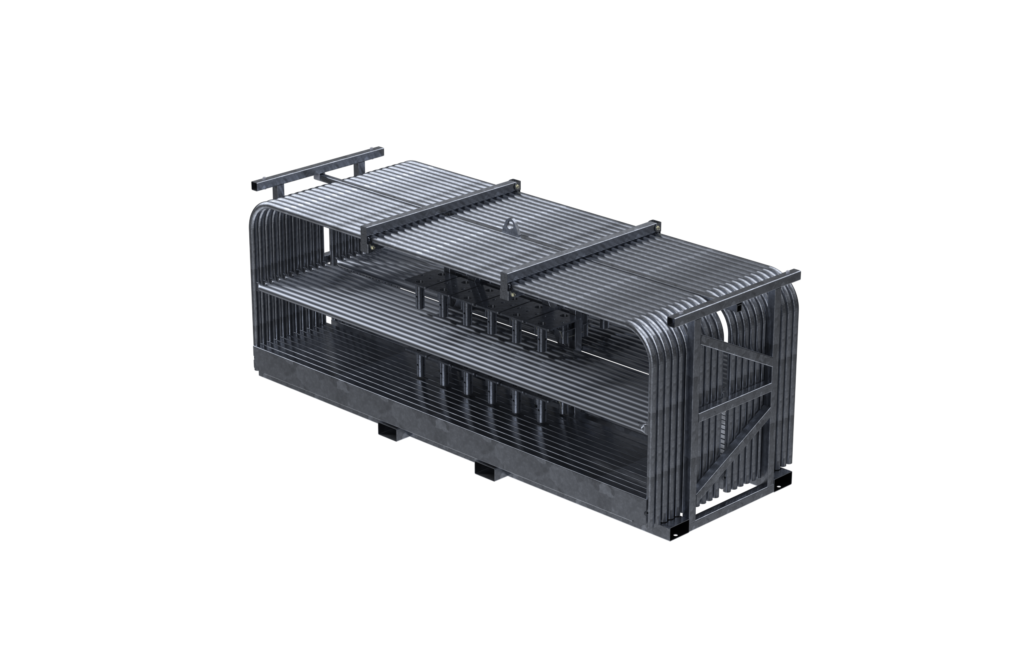 3D CAD rendering of a heavy-duty metallic industrial cage or rack with a tubular metal frame set against a solid black background.