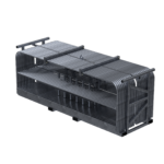 3D CAD rendering of a heavy-duty metallic industrial cage or rack with a tubular metal frame set against a solid black background.