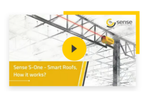 Video thumbnail titled "Sense S-One - Smart Roofs, How it works?" showing a yellow laser sensor attached to an industrial roof beam.