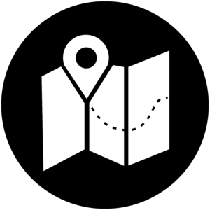 A black circular icon featuring a white folded map graphic with a location pin marker and a dotted path line.